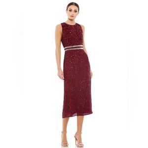 Mac Duggal 10509 Burgundy Sleeveless High Neck Beaded Midi Sheath Dress
